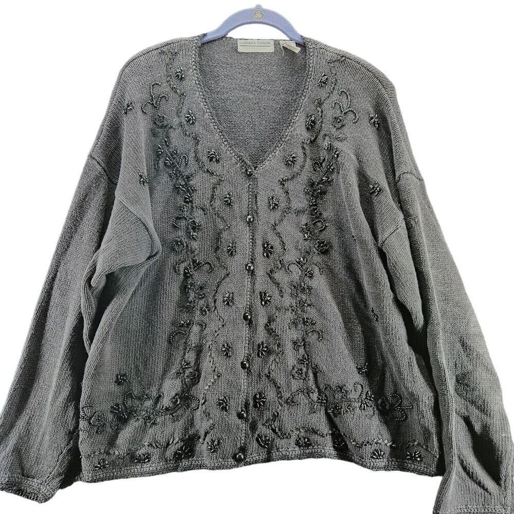 Carolyn Taylor Womens Sweater Black Size Large Ramie Blend Beaded Long Sleeve